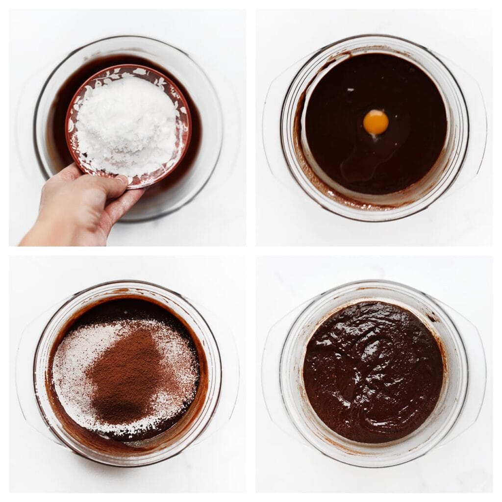 Voeg de kristalsuiker, bruine basterdsuiker, vanillesuiker en het zout toe en mix goed. Voeg vervolgens de eieren &eacute;&eacute;n voor &eacute;&eacute;n toe en mix tot een egaal geheel.