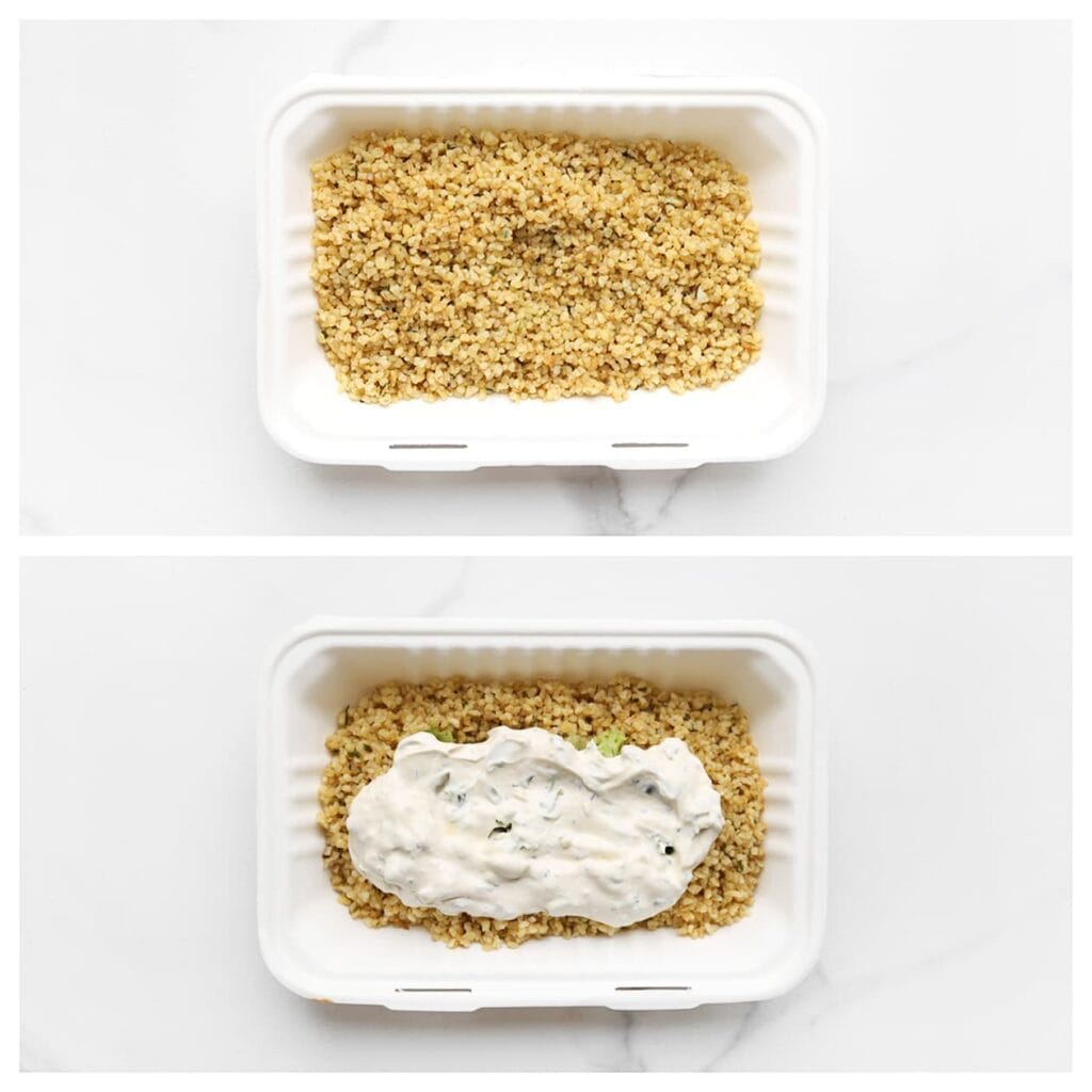 Serveer de bulgur met de wrap-gehaktspiesjes en de saus.