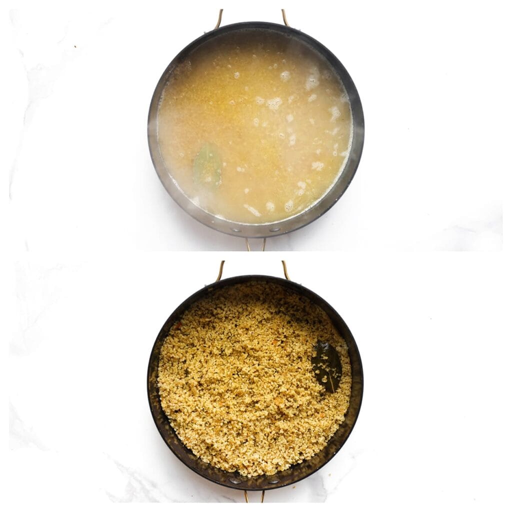 Breng aan de kook, zet het vuur laag en laat de bulgur afgedekt 12-15 minuten zachtjes garen.