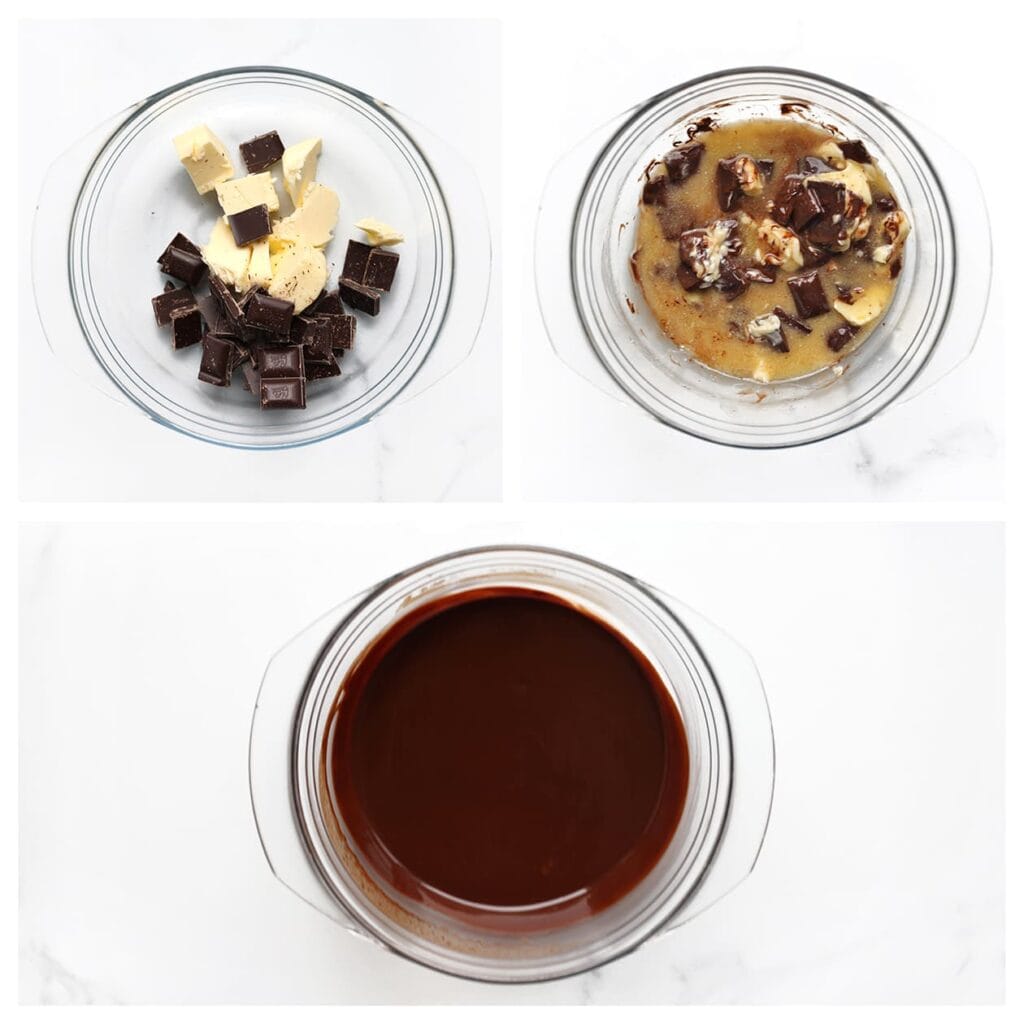 Smelt ondertussen de roomboter samen met de pure chocolade au bain-marie of op lage stand in de magnetron.