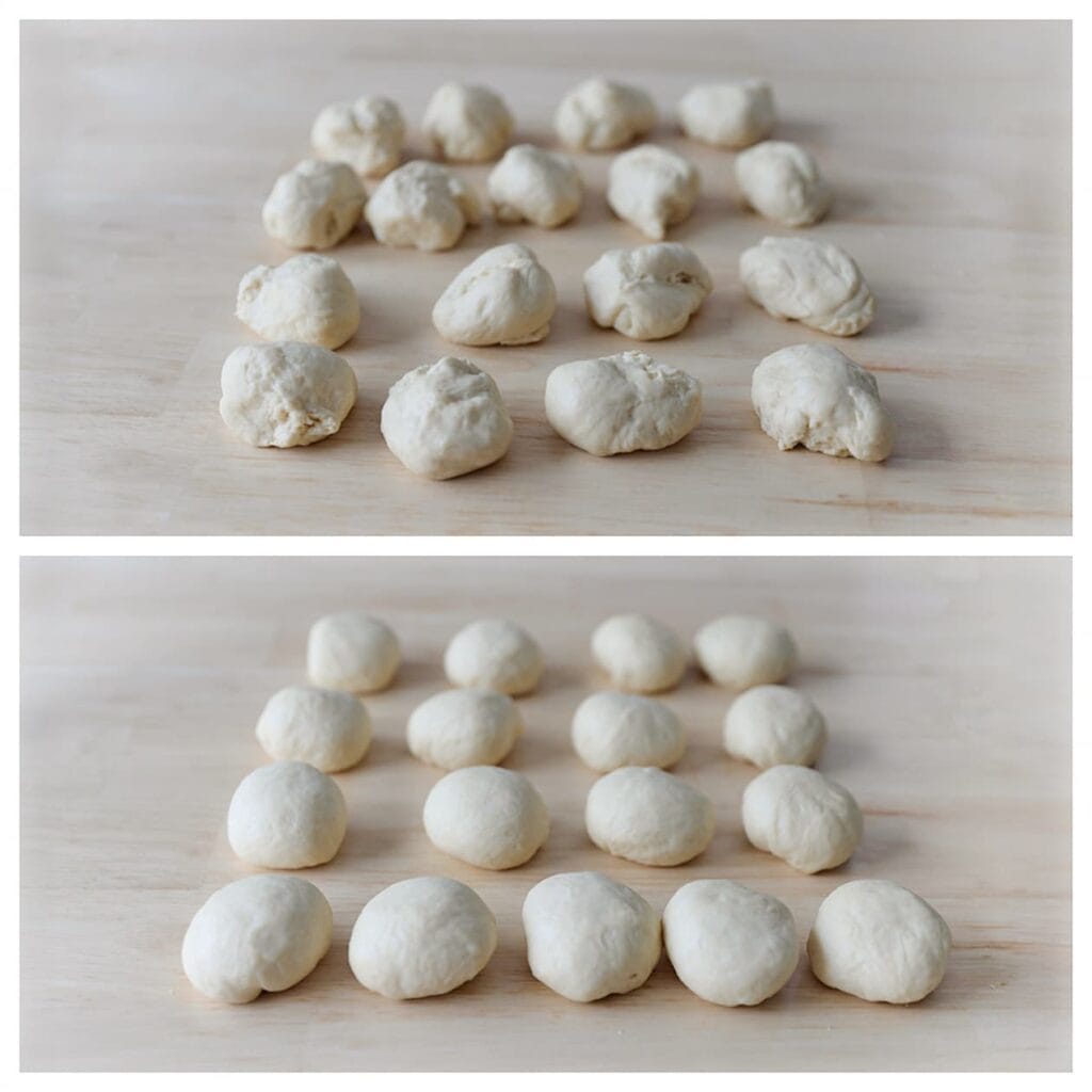 Druk de lucht uit het deeg en verdeel het in 17 gelijke stukken van ongeveer 50 g. Vorm er bollen van.