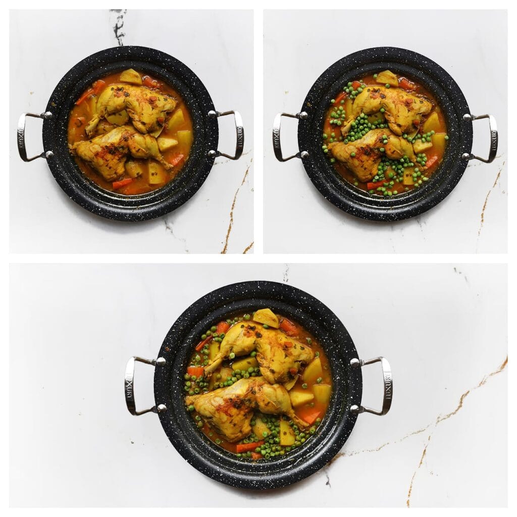 Voeg de doperwten toe en laat nog 10 minuten, afgedekt, meekoken.