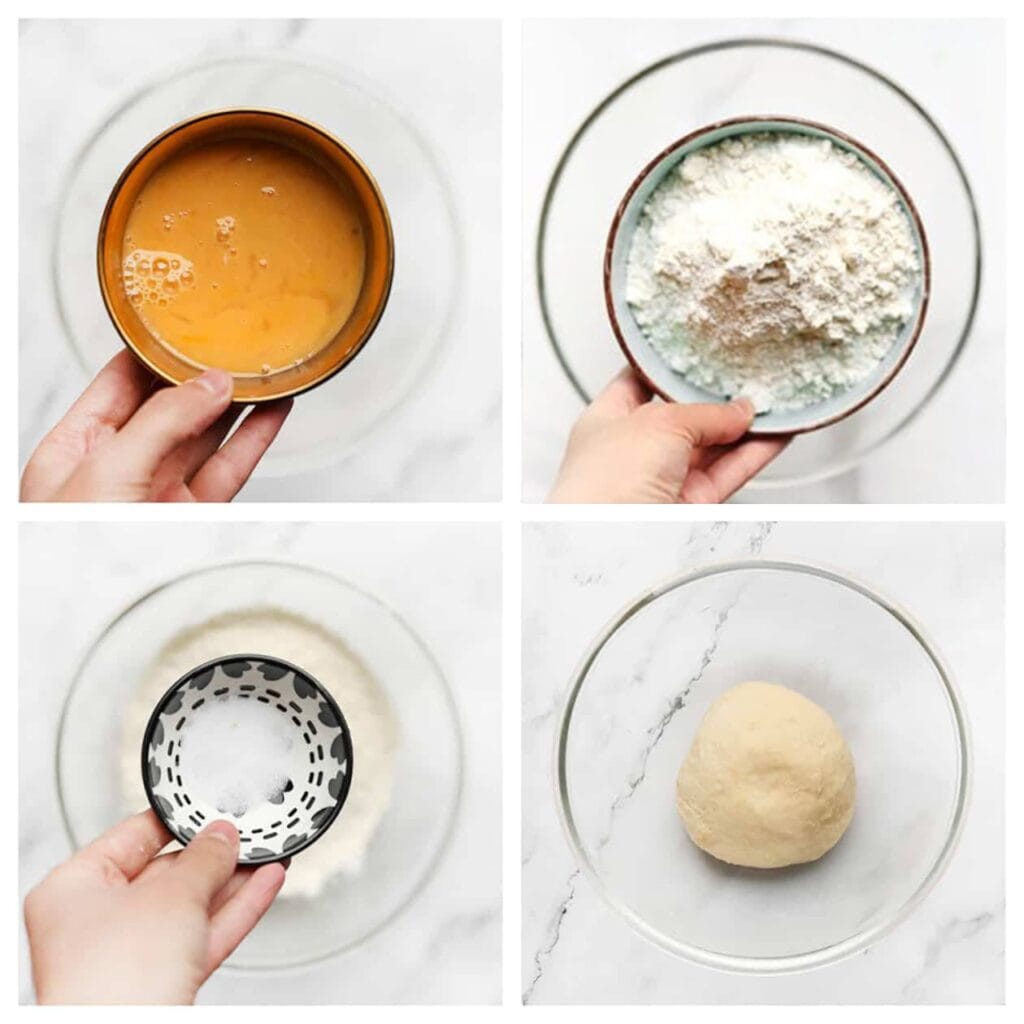 Voeg het ei, de bloem en het zout toe. Kneed 10-12 minuten tot een soepel en samenhangend deeg. Dek af en laat 1 uur rijzen, of tot het deeg in omvang is verdubbeld.