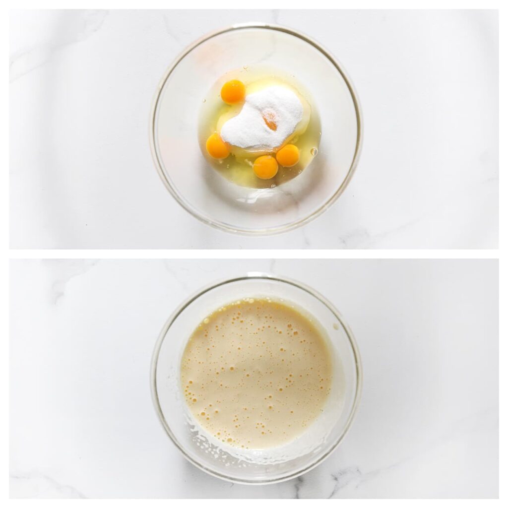 Breek de eieren boven een ruime kom. Voeg de kristalsuiker en vanillesuiker toe en mix 7-10 minuten op de hoogste stand tot een lichte, luchtige massa.