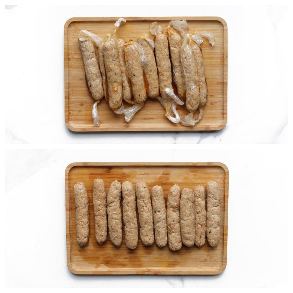 Haal ze voorzichtig uit het water en laat afkoelen. Verwijder de huishoudfolie en leg de frikandellen, afgedekt, terug in de koelkast tot gebruik.