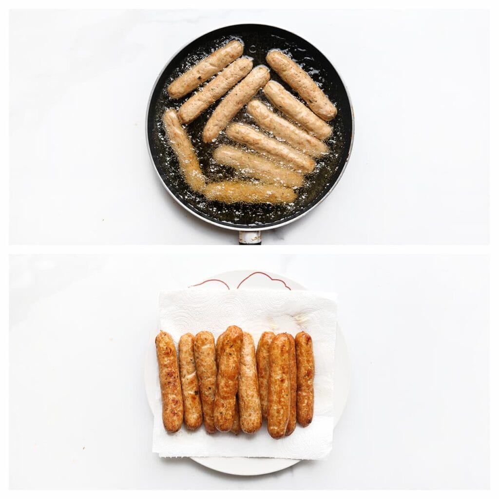 Verhit een laag zonnebloemolie van ongeveer 2 cm in een koekenpan op middelhoog vuur, of gebruik een friteuse op 175 ℃. Bak de kipfrikandellen rondom goudbruin en gaar. Laat uitlekken op keukenpapier.