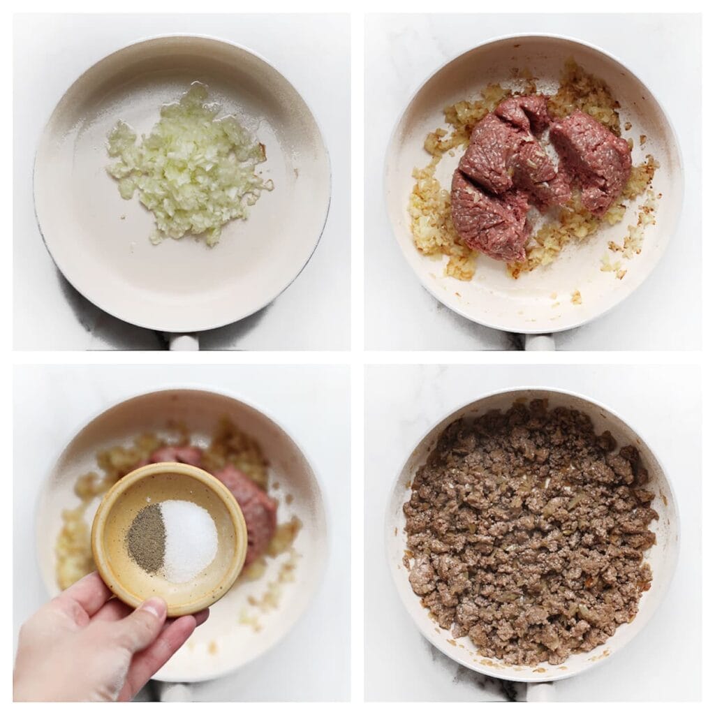 Verhit ondertussen de zonnebloemolie in een koekenpan op middelhoog vuur. Bak de ui 3-4 minuten. Voeg het gehakt, zout en de zwarte peper toe en bak 7-8 minuten rul en gaar. Laat het gehaktmengsel afkoelen.