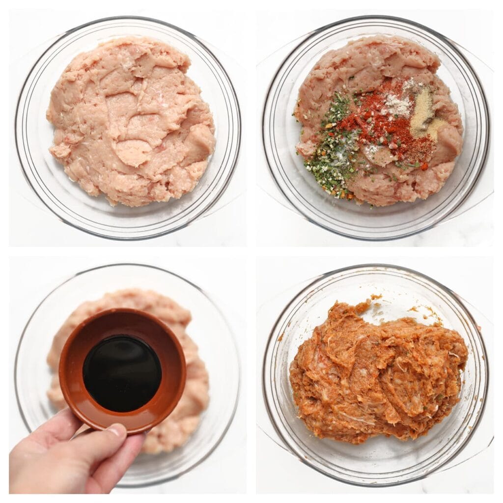 Doe het kipgehakt, zout, uienpoeder, knoflookpoeder, paprikapoeder, de cayennepeper, zwarte peper en ketjap manis in een diepe kom. Meng tot een geheel.