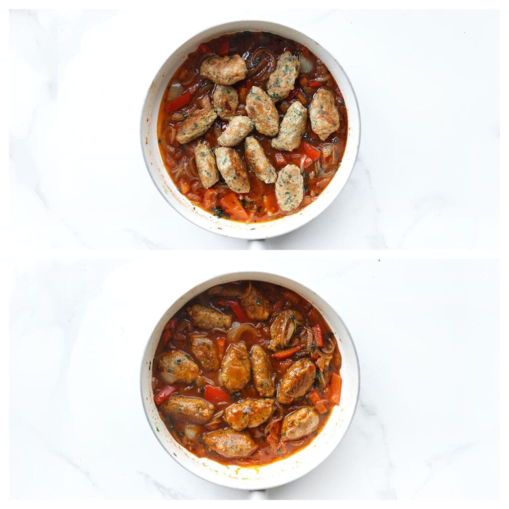 Voeg het gebakken gehakt toe aan de saus en laat alles nog 5 minuten samen pruttelen zodat de smaken goed intrekken.