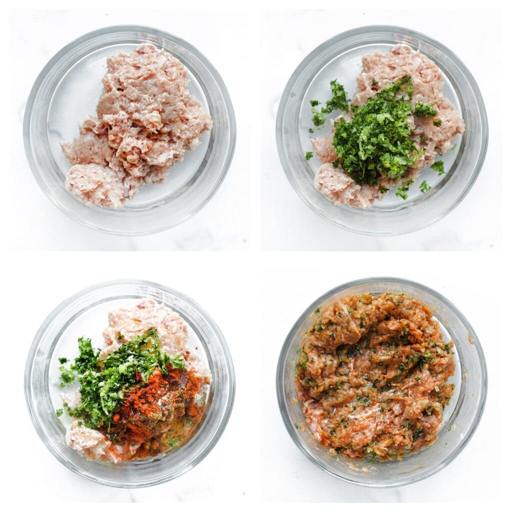 Doe het kipgehakt, fijngemalen groentemengsel, zout, komijnpoeder, paprikapoeder, knoflookpoeder, de cayennepeper, zwarte peper en olijfolie in een kom. Meng tot een geheel.