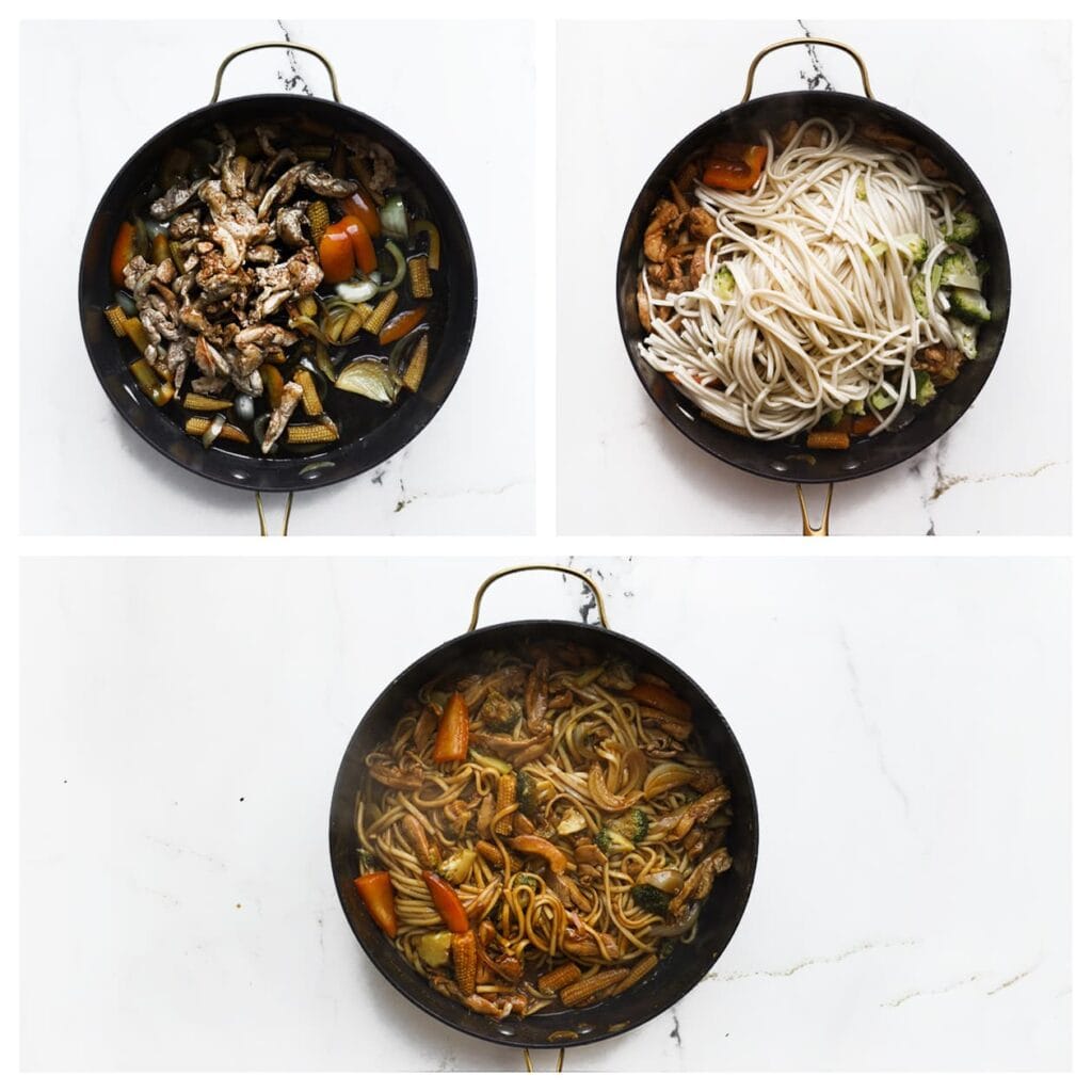 Voeg de kip, broccoli en noedels toe en roerbak 2 minuten, of tot alles goed gemengd en warm is.