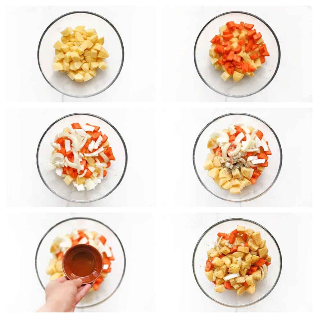 Schil de aardappels en wortels en pel de gele ui. Snijd alles in stukken. Doe de aardappels, wortels en ui samen met het zout, de Italiaanse kruiden, knoflookpoeder, zwarte peper en olijfolie in een diepe kom. Meng goed.