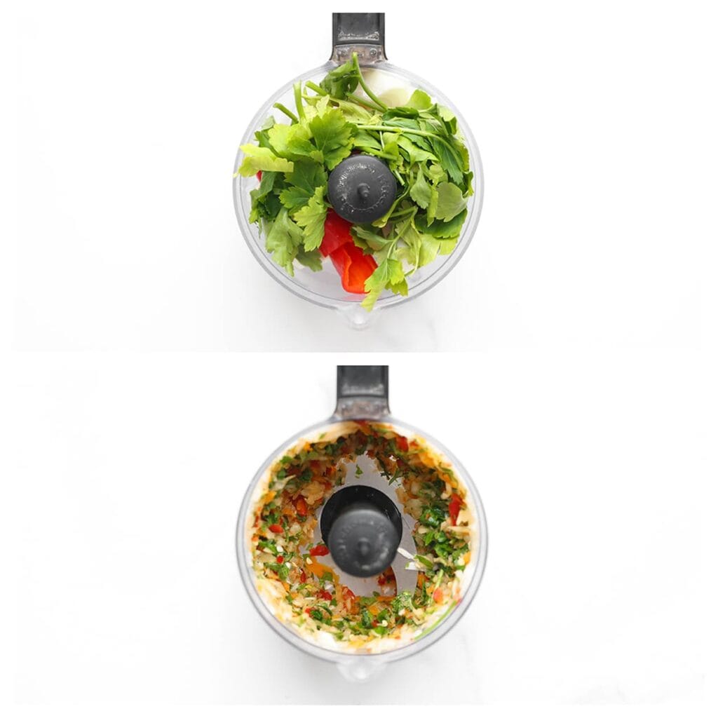 Maal de gele ui, rode paprika, knoflook en peterselie fijn in een hakmolen.