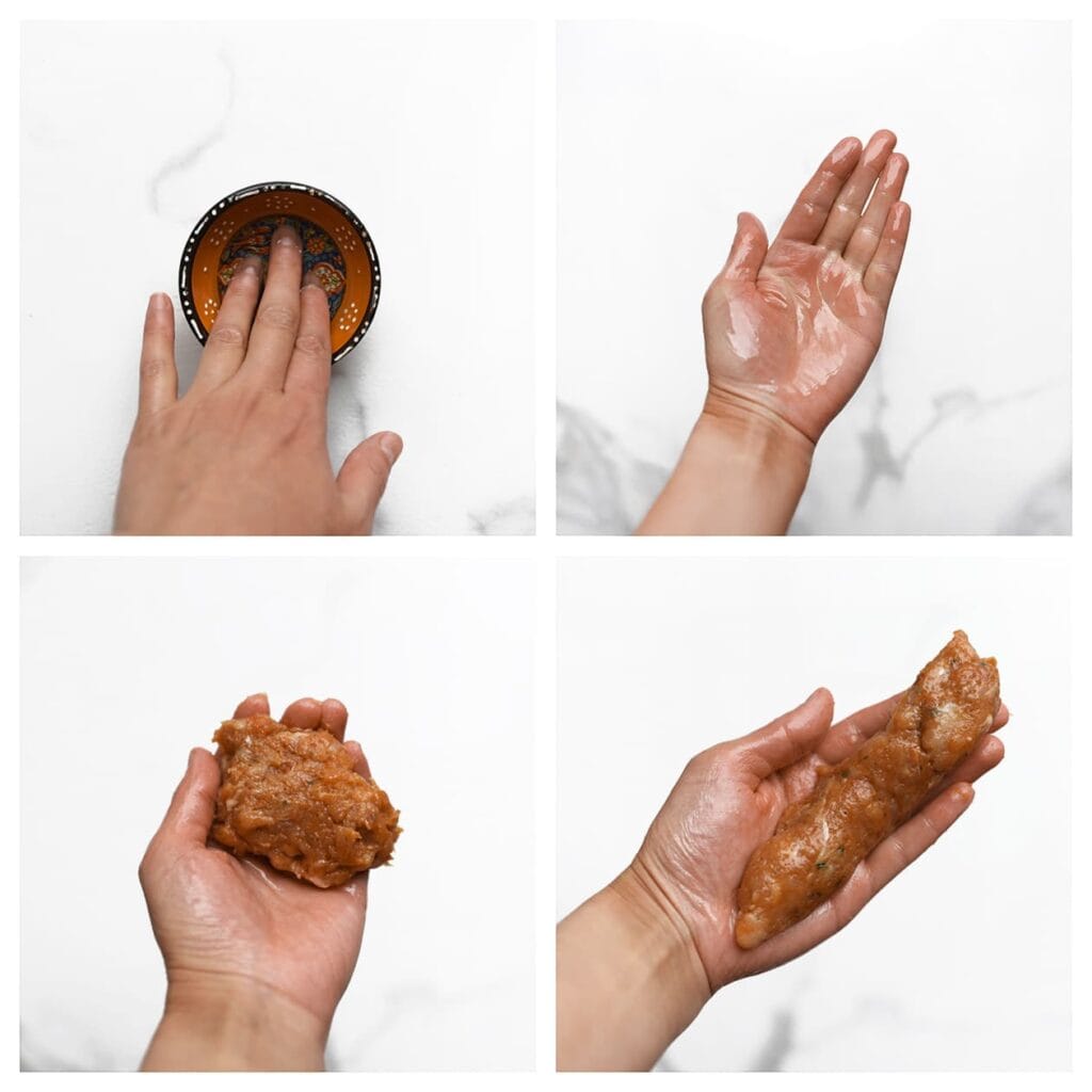 Vet je handen in met zonnebloemolie en neem ongeveer 85 gram van het kipmengsel. Vorm hiervan een langwerpige staaf.