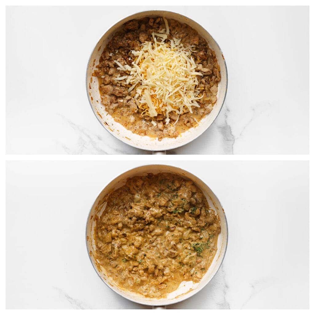 Voeg vervolgens de geraspte kaas toe en meng tot een geheel. Zet het kipmengsel apart.