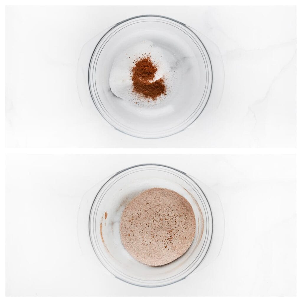 Doe de kristalsuiker en het kaneelpoeder in een diepe kom en meng goed.