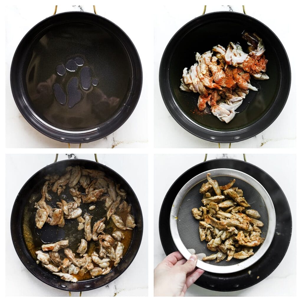 Verhit 50 ml zonnebloemolie in een koekenpan op middelhoog vuur. Voeg de kippendijen, paprikapoeder, zwarte peper, cayennepeper, knoflookpoeder en uienpoeder toe. Bak de kip in 5-7 minuten goudbruin en gaar. Schep uit de pan en zet apart.