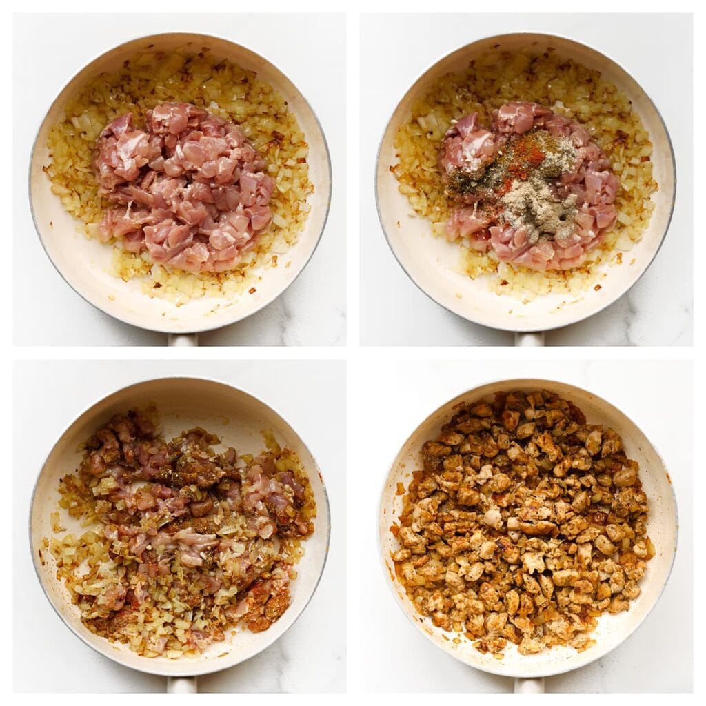 Voeg de kippendijen toe samen met het zout, uienpoeder, komijnpoeder, knoflookpoeder, de cayennepeper, zwarte peper en Italiaanse kruiden. Bak 5-7 minuten, of tot de kip gaar is.