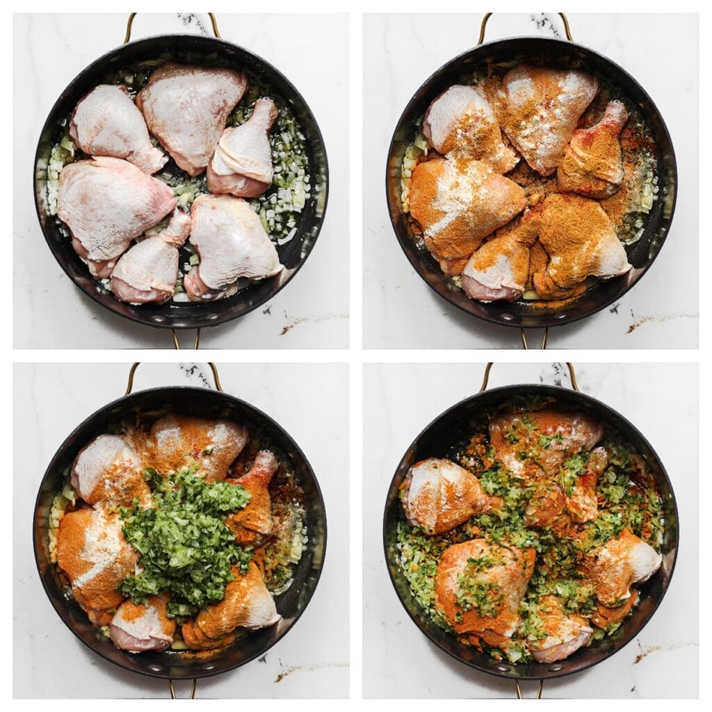 Voeg de kip toe samen met de ras el hanout, kurkuma, knoflookpoeder, cayennepeper, het zout en groentemengsel. Meng goed.