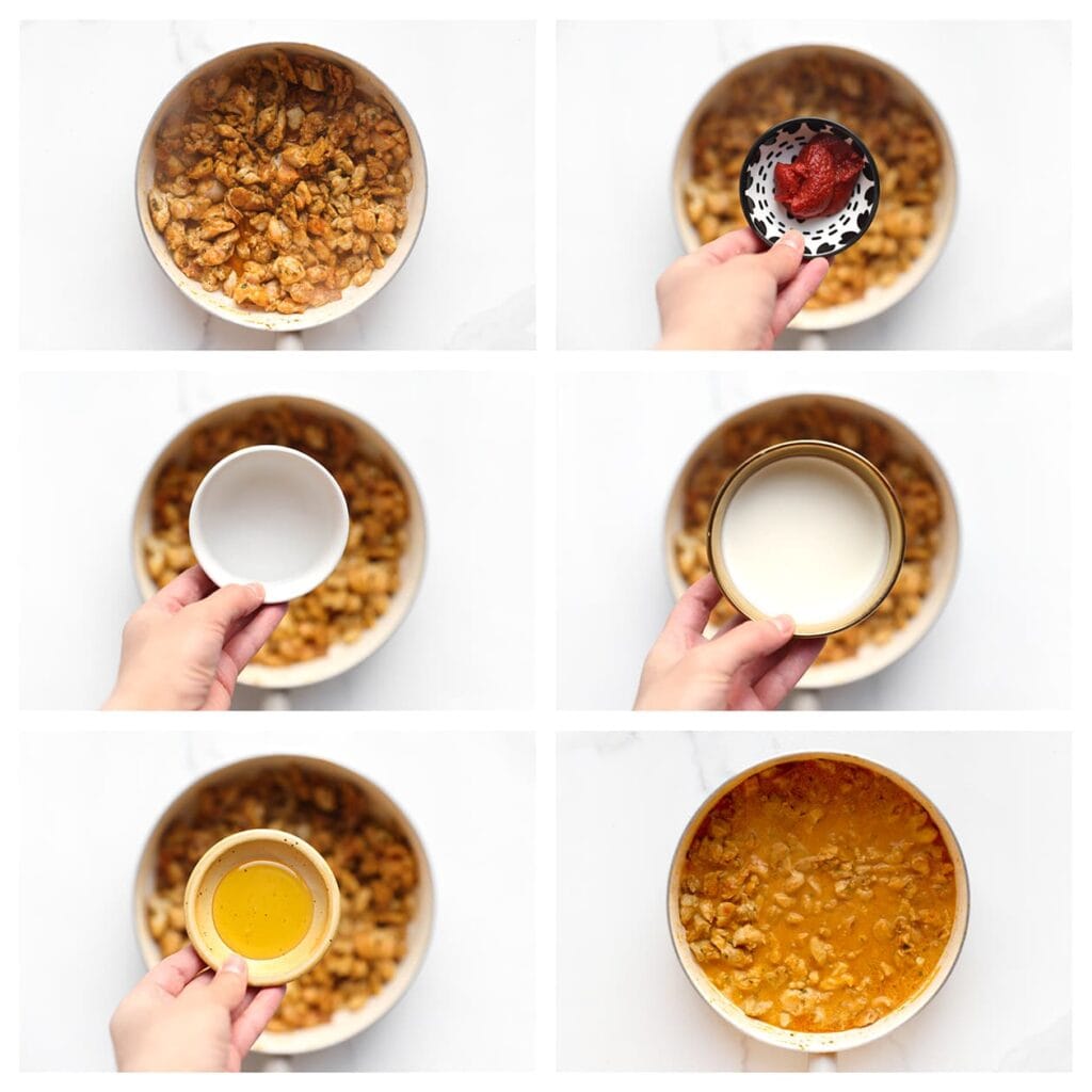 Voeg de tomatenpuree, het water, de slagroom en de honing toe. Meng goed en laat 5-7 minuten koken tot de saus iets is ingedikt.