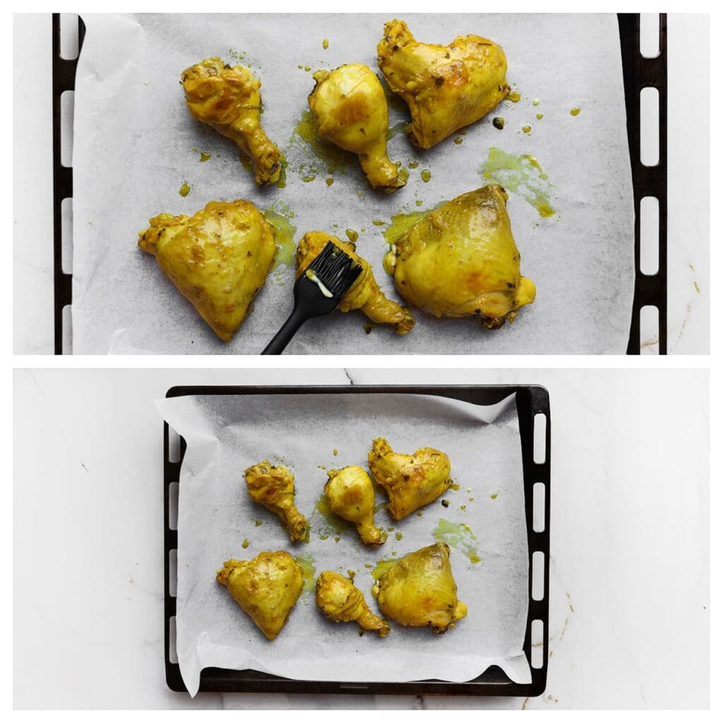 Haal de kip voorzichtig uit de pan en leg deze op een met bakpapier beklede bakplaat. Bestrijk de kip met de gesmolten roomboter (35 g).