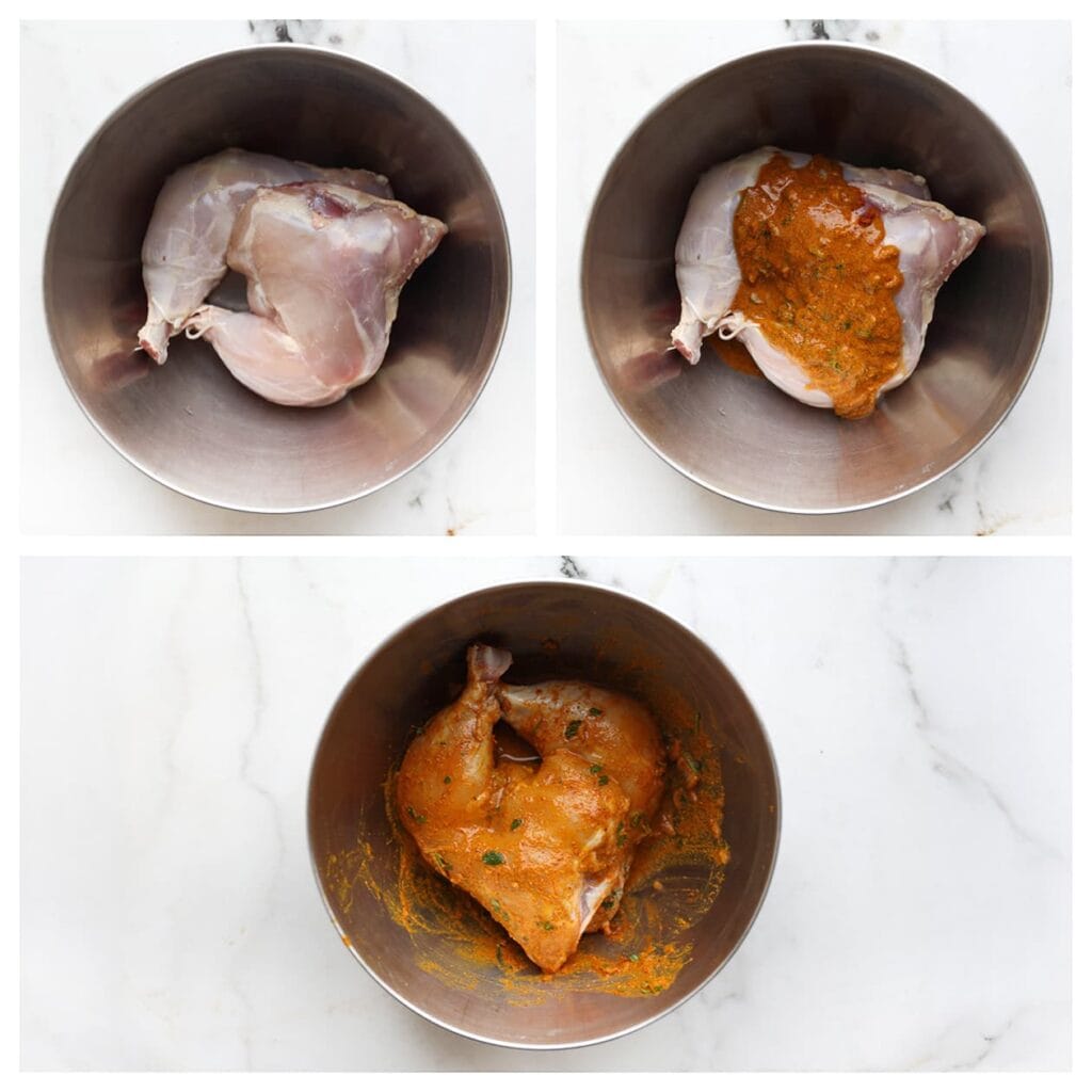 Doe de kippenbouten in een diepe kom en meng ze goed door de marinade. Zet even apart.