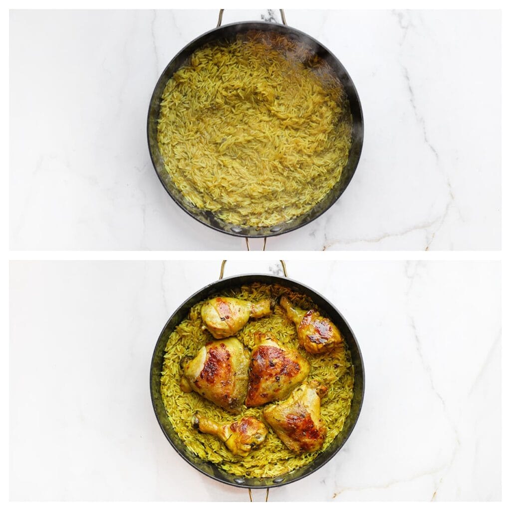 Leg de gebakken kip bovenop de rijst, doe de deksel weer op de pan en laat het geheel 10 minuten rusten.