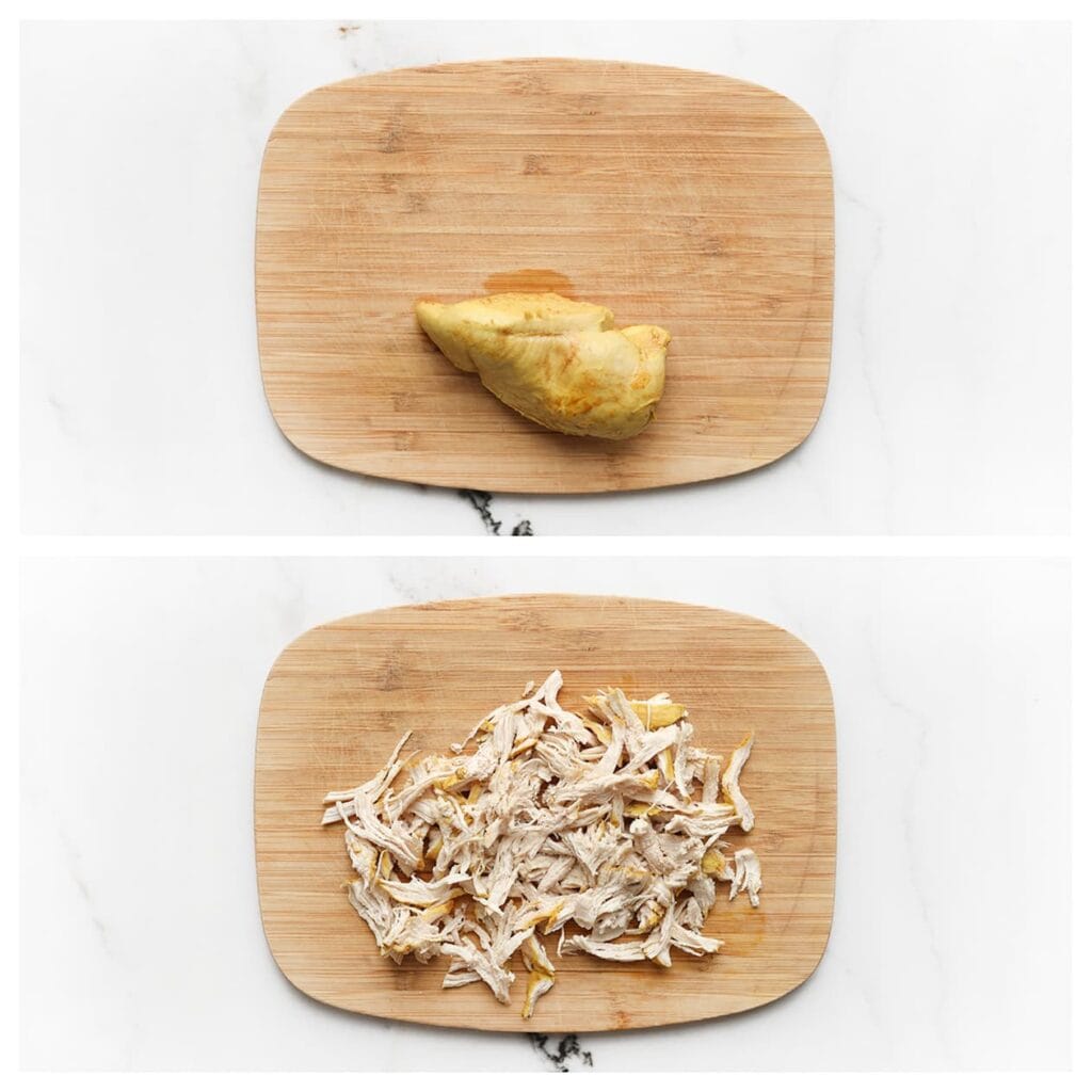 Haal de kip voorzichtig uit de pan en pluk of snijd deze in kleine stukjes.