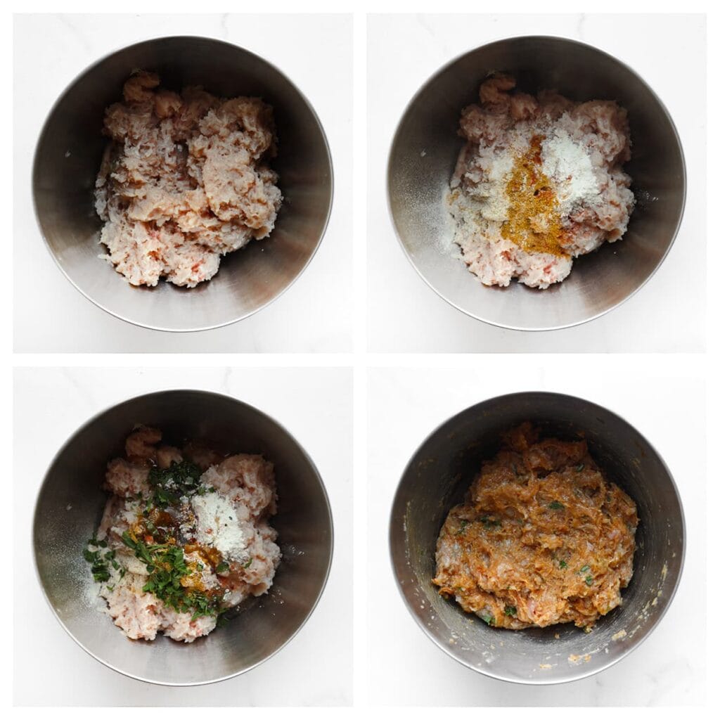 Doe het kipgehakt, zout, uienpoeder, knoflookpoeder, de ras el hanout, cayennepeper, gedroogde bieslook, peterselie en olijfolie (30 ml) in een diepe kom. Meng goed.