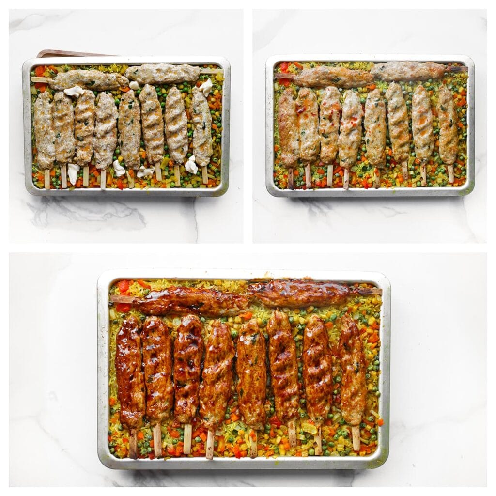 Verwijder het bakpapier, verdeel eventueel de roomboter over de rijst en bak nog 10 minuten, of tot de kipspiesjes mooi goudbruin zijn. Haal de schaal uit de oven en bestrijk de kipspiesjes met sweet chilisaus of hot chilisaus naar smaak.