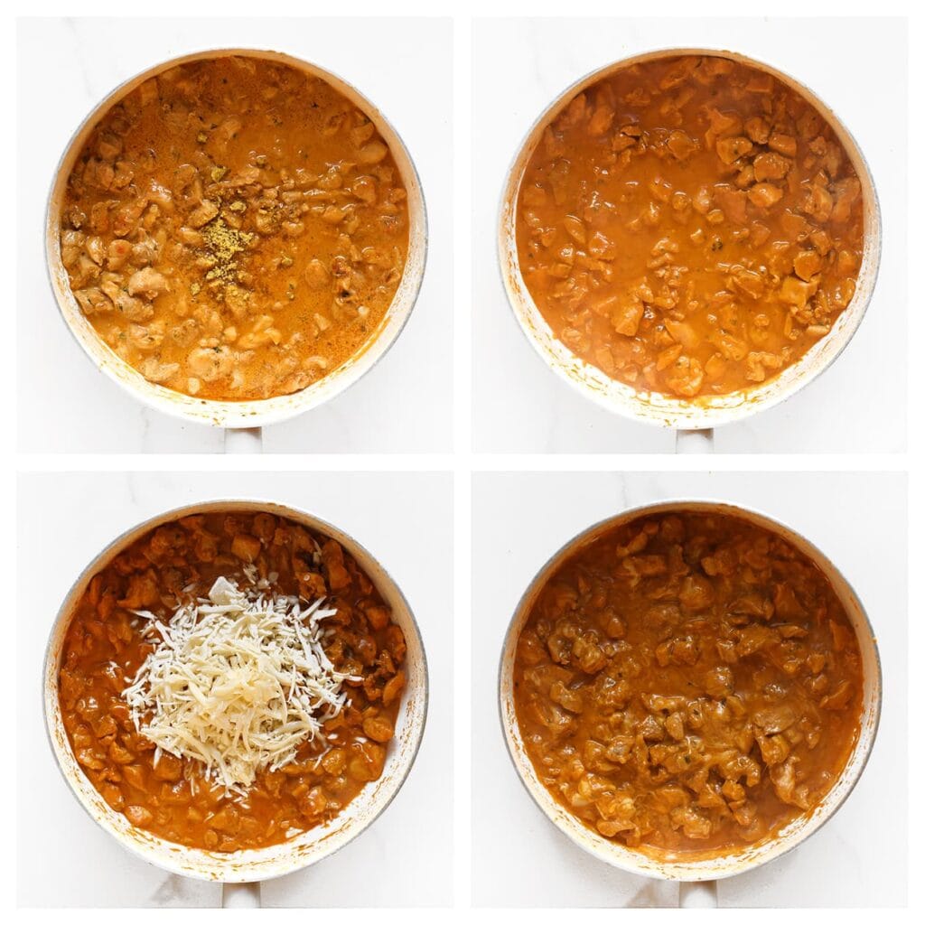 Verkruimel het kippenbouillonblokje boven de pan. Voeg de geraspte kaas toe en meng tot een romig geheel. Haal van het vuur en laat het kipmengsel volledig afkoelen.