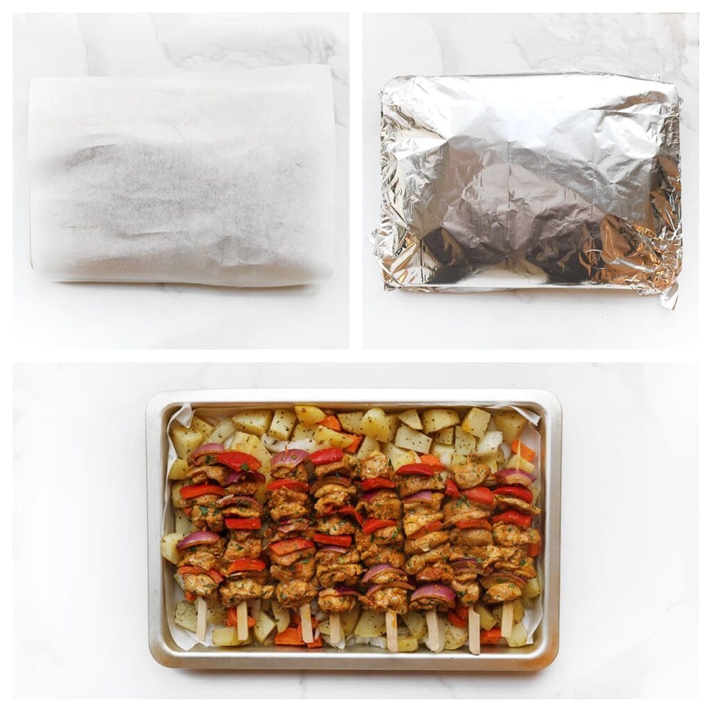 Dek de bakvorm eerst af met bakpapier en daarna met aluminiumfolie. Zet in een voorverwarmde oven op 220 &deg;C en bak 50-60 minuten, of tot de aardappels gaar zijn.