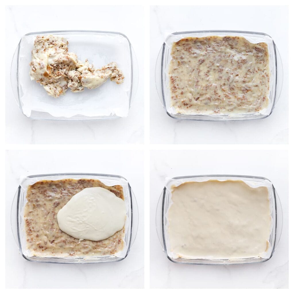 Bekleed een schaal met bakpapier en verdeel het stroopwafelmengsel hier gelijkmatig over.