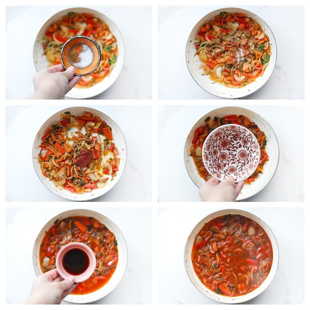 Voeg het zout, knoflookpoeder en paprikapoeder toe en meng goed. Roer de tomatenpuree erdoor. Voeg het water, de granaatappelsiroop en honing toe. Laat de saus 3–5 minuten zachtjes koken.