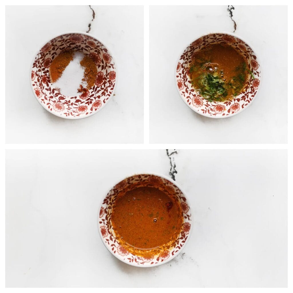 Doe het zout, de ras el hanout, kurkuma, cayennepeper, knoflookpoeder, zwarte peper en het water in een kom. Meng goed tot een marinade.