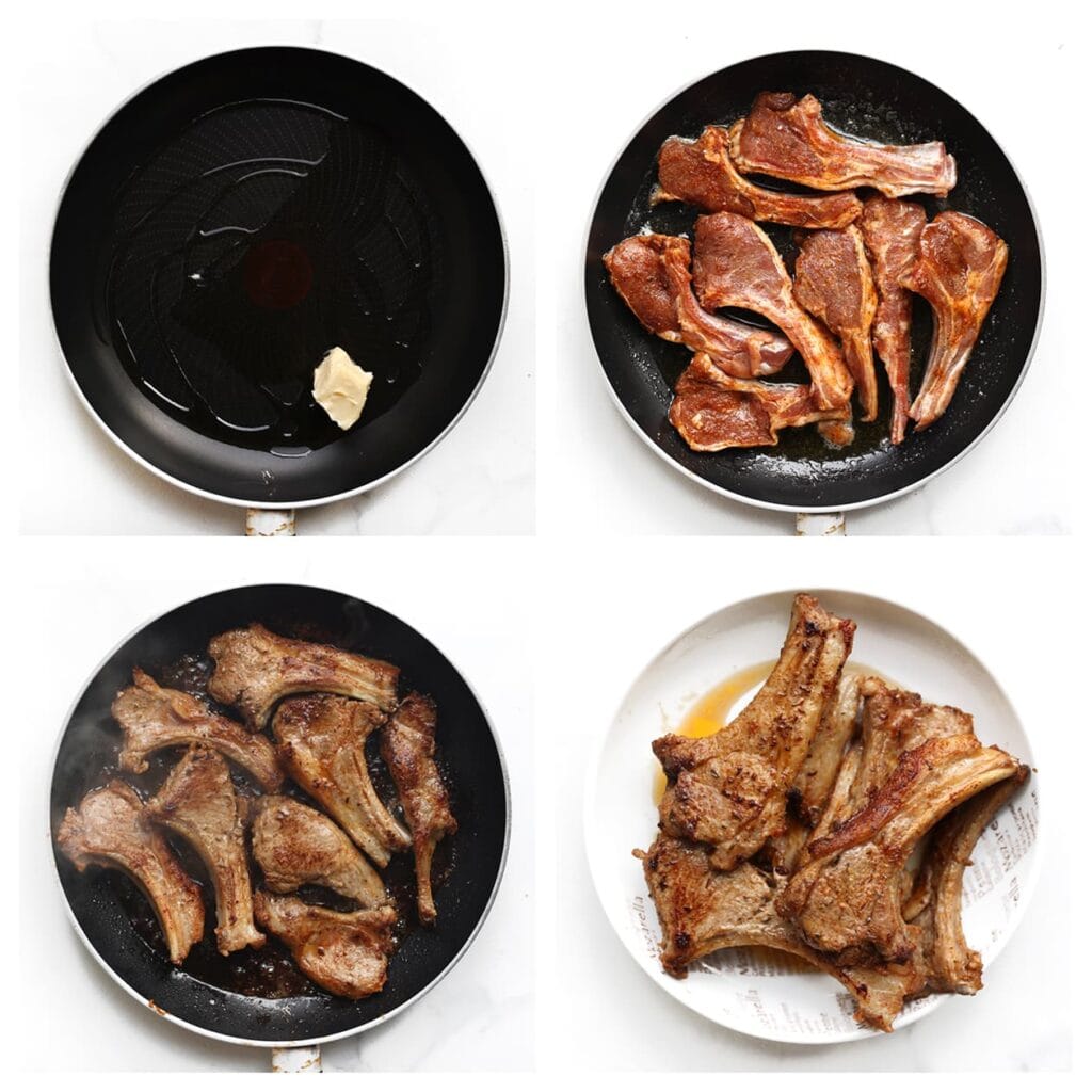 Verhit de roomboter samen met de olijfolie in een koekenpan op middelhoog vuur. Bak de lamskoteletten 2&ndash;3 minuten per kant (medium, afhankelijk van dikte). Haal het vlees uit de pan en zet apart.