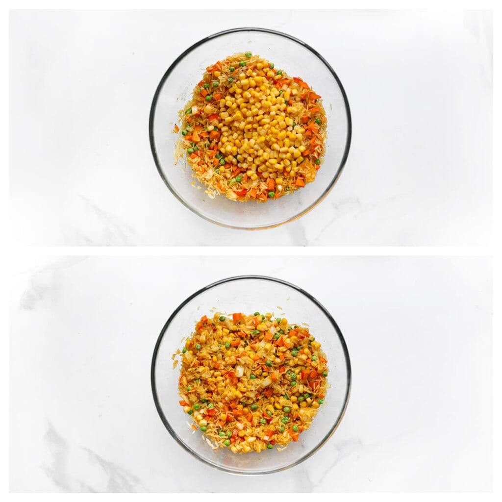 Voeg de ma&iuml;s toe en meng opnieuw tot een geheel.