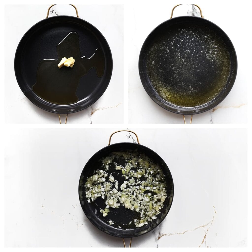 Verhit de olijfolie en 25 g roomboter in een ruime koekenpan op middelhoog vuur. Voeg de gesnipperde ui (125 g) toe en bak 3-4 minuten.