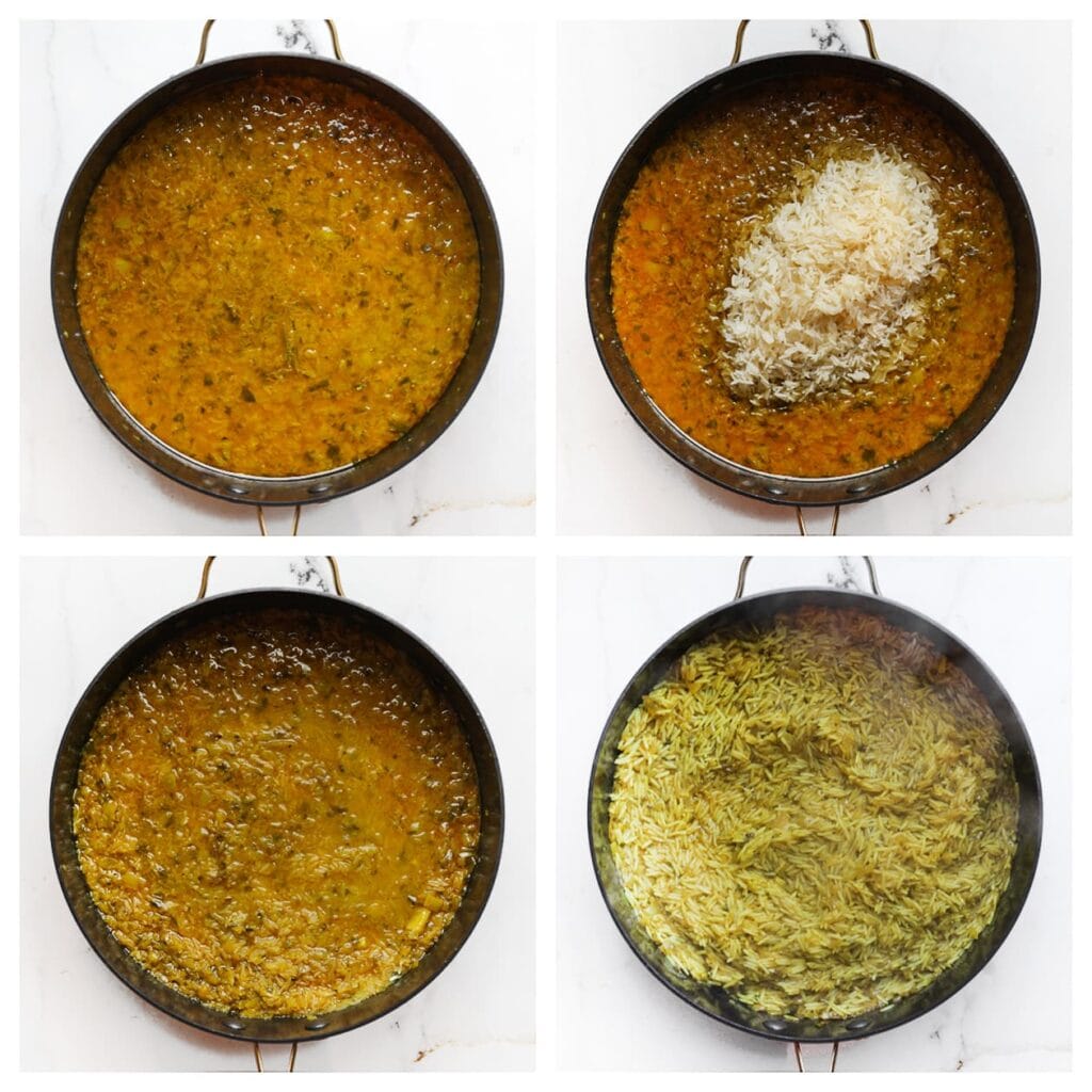 Was ondertussen de basmati rijst. Voeg de rijst toe aan de saus in de pan. Zet het vuur hoog tot het pruttelt, zet daarna laag, doe de deksel op de pan en kook 12-15 minuten, of tot de rijst gaar is.