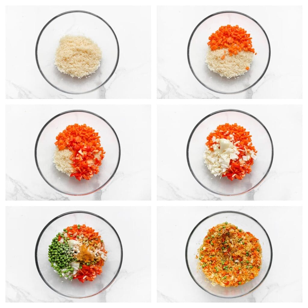 Doe de rijst, wortel, paprika, ui, doperwten, ras el hanout, kurkuma, uienpoeder, knoflookpoeder en het zout in een diepe kom. Meng goed.