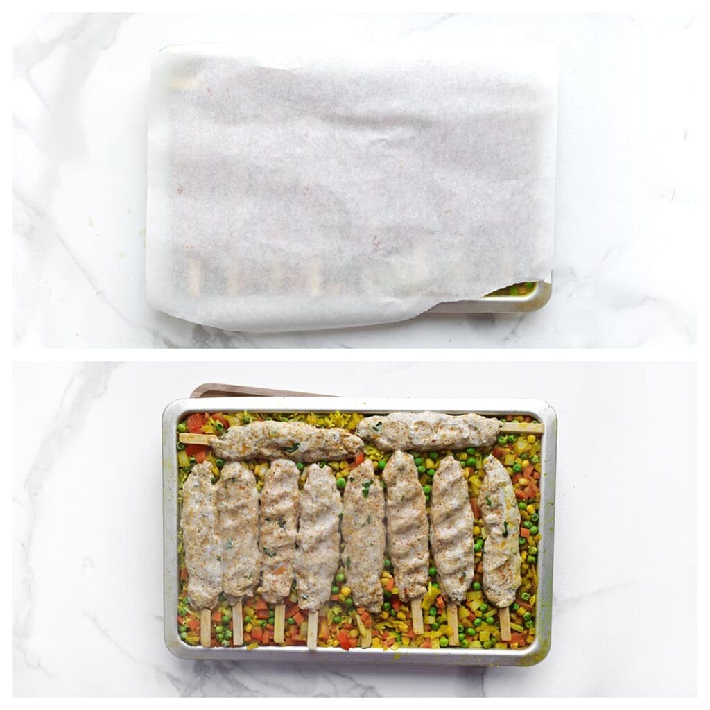 Dek de schaal af met bakpapier en zet de rijstschotel in een voorverwarmde oven op 200 &deg;C. Bak 35 minuten.