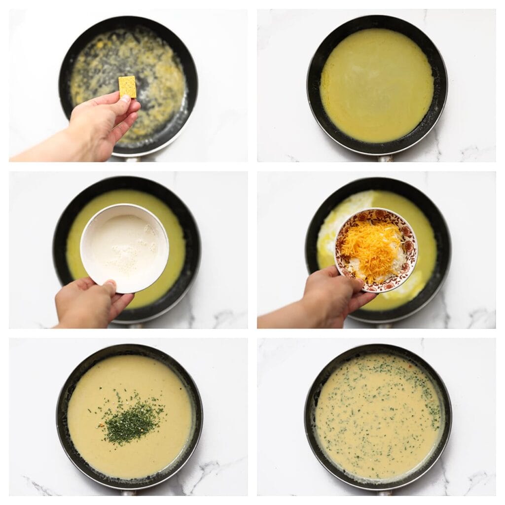 Giet beetje bij beetje het water erbij terwijl je blijft roeren. Verkruimel het kippenbouillonblokje boven de pan en meng goed. Voeg de slagroom en de geraspte kaas toe en roer tot een gladde saus. Breng op smaak met zwarte peper en gedroogde bieslook. Zet de saus van het vuur.