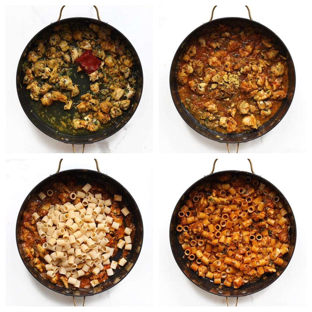 Voeg de tomatenpuree en 100 ml water toe en meng goed. Verkruimel het kippenbouillonblokje boven de pan en voeg de rigatoni toe. Meng tot een geheel.