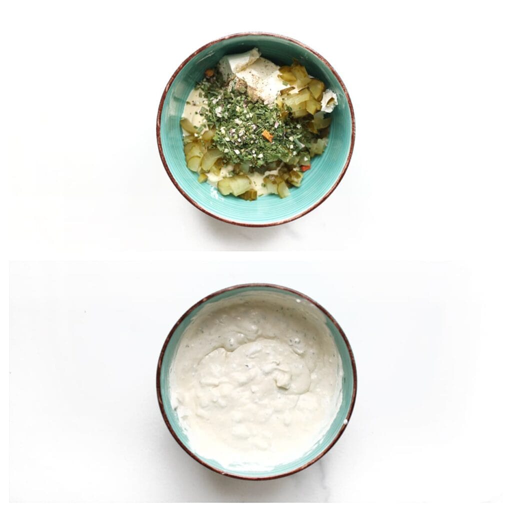 Doe de cr&egrave;me fra&icirc;che, mayonaise, fijngehakte augurk en gedroogde bieslook in een kom en meng tot een gladde saus.