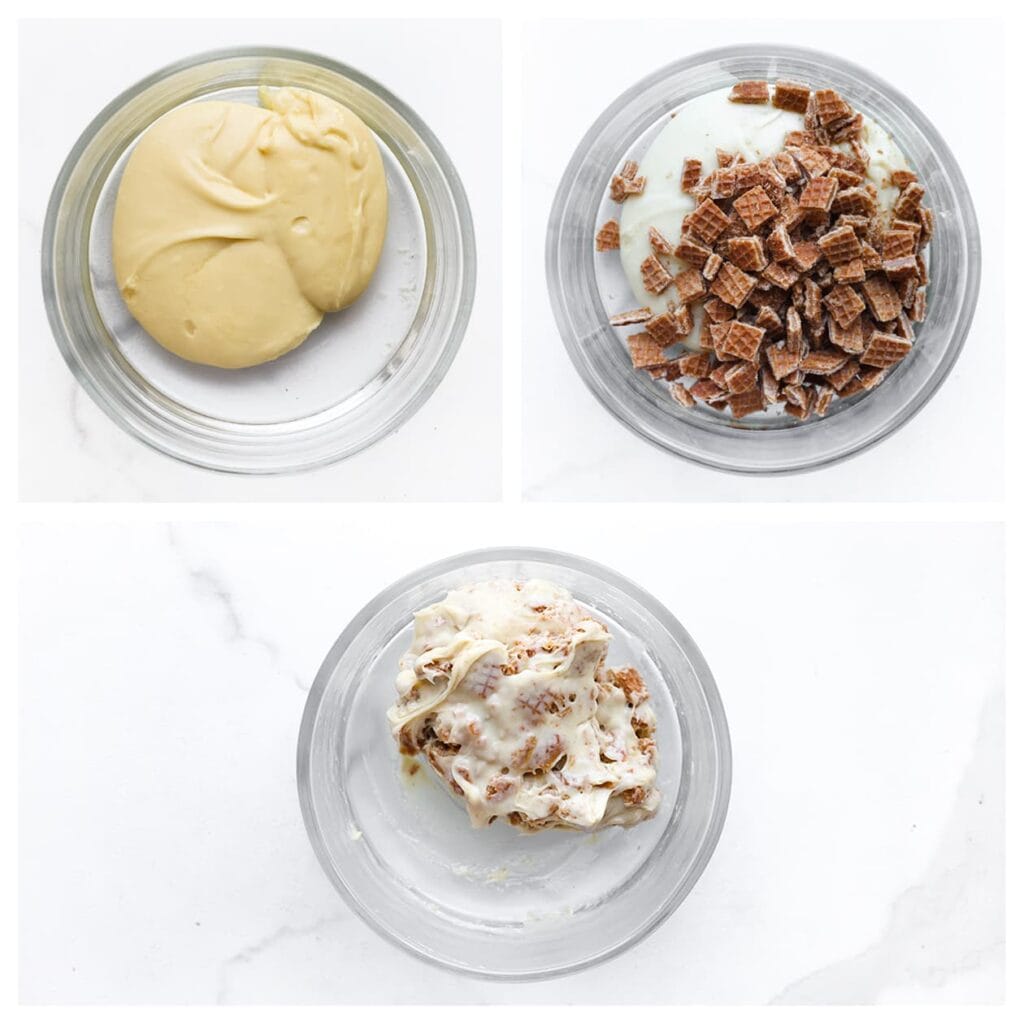 Snijd de stroopwafels in grove stukken. Doe de witte chocoladeganache samen met de stroopwafels in een diepe kom en meng goed tot alles gelijkmatig is verdeeld.