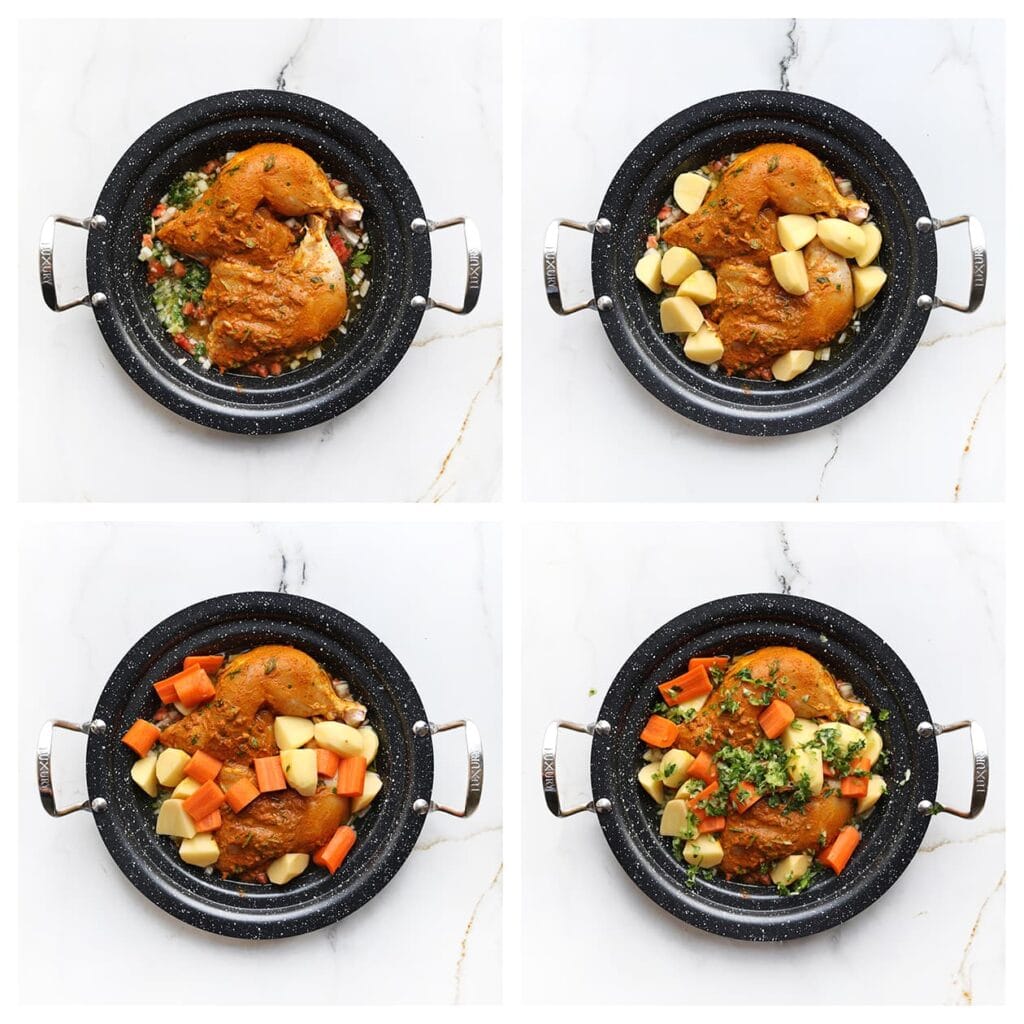 Voeg de gemarineerde kip, aardappels, wortels, het apart gehouden groentemengsel (10 g) en het water toe.