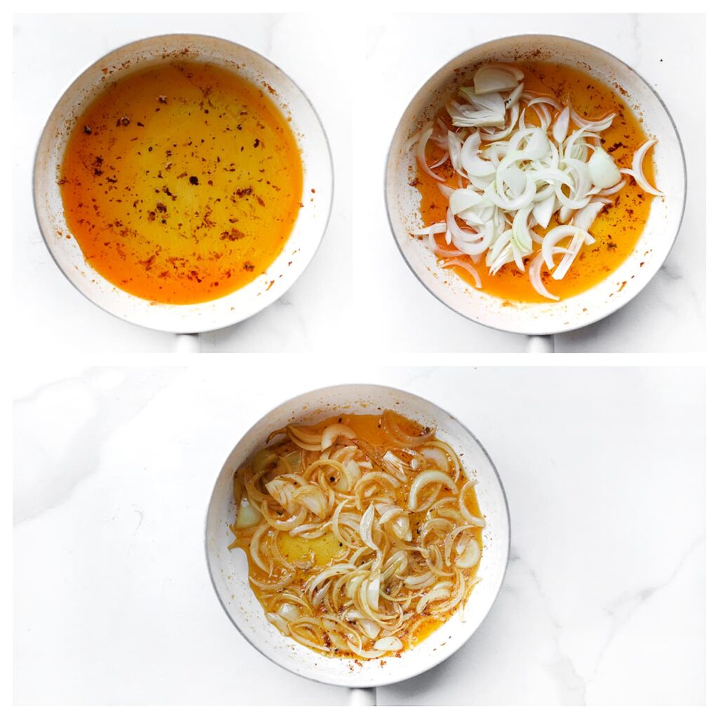 Verhit de olijfolie (25 ml) in dezelfde pan. Voeg de gele ui (140 g) toe en bak 3-4 minuten. Voeg de tomaatblokjes, rode paprika en fijngehakte peterselie toe. Bak 5 minuten of tot de groenten zacht zijn