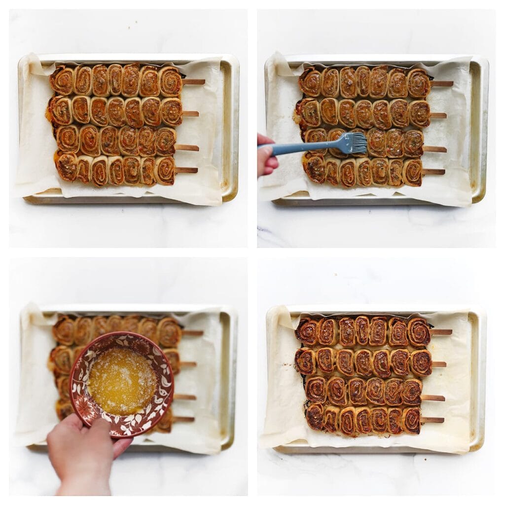 Haal de wrapspiesjes voorzichtig uit de oven, smeer ze in met gesmolten roomboter en zet ze terug. Bak nog 5&ndash;7 minuten voor een extra goudbruin en knapperig resultaat.