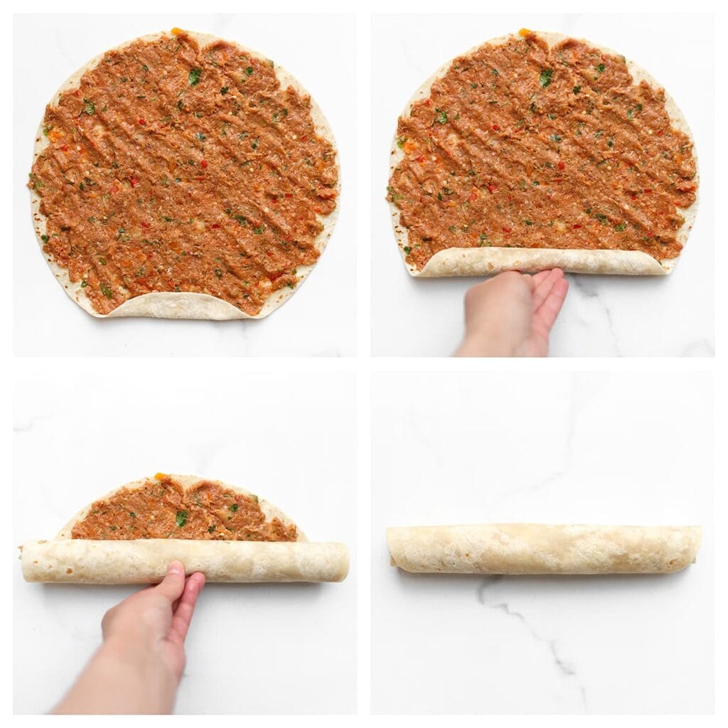 Rol de wrap strak op en druk goed aan zodat er een stevige rol ontstaat.