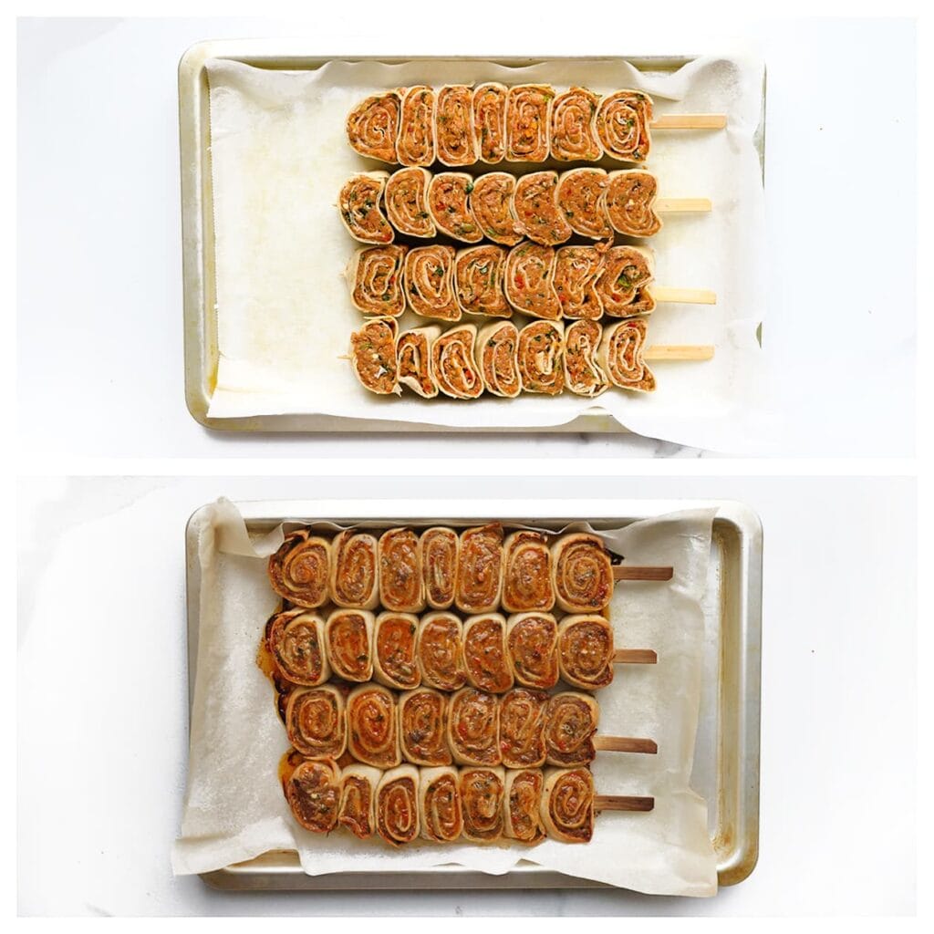 Leg de wrapspiesjes op een met bakpapier beklede ovenschaal. Zet in een voorverwarmde oven op 200 &deg;C (boven-/onderwarmte). Bak 20-25 minuten, tot ze goudbruin en gaar zijn.